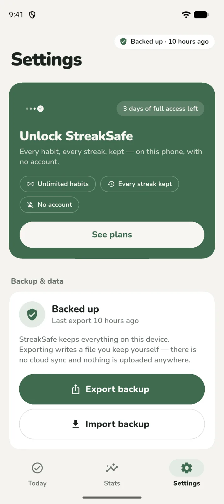 Settings screen with backup status and export and import backup buttons
