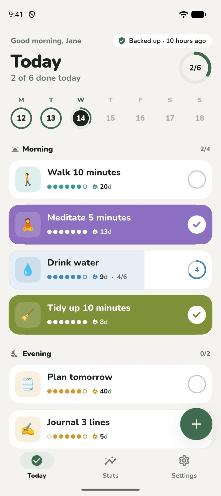 StreakSafe Today screen with morning and evening habits, streak counts and a 2 of 6 progress ring
